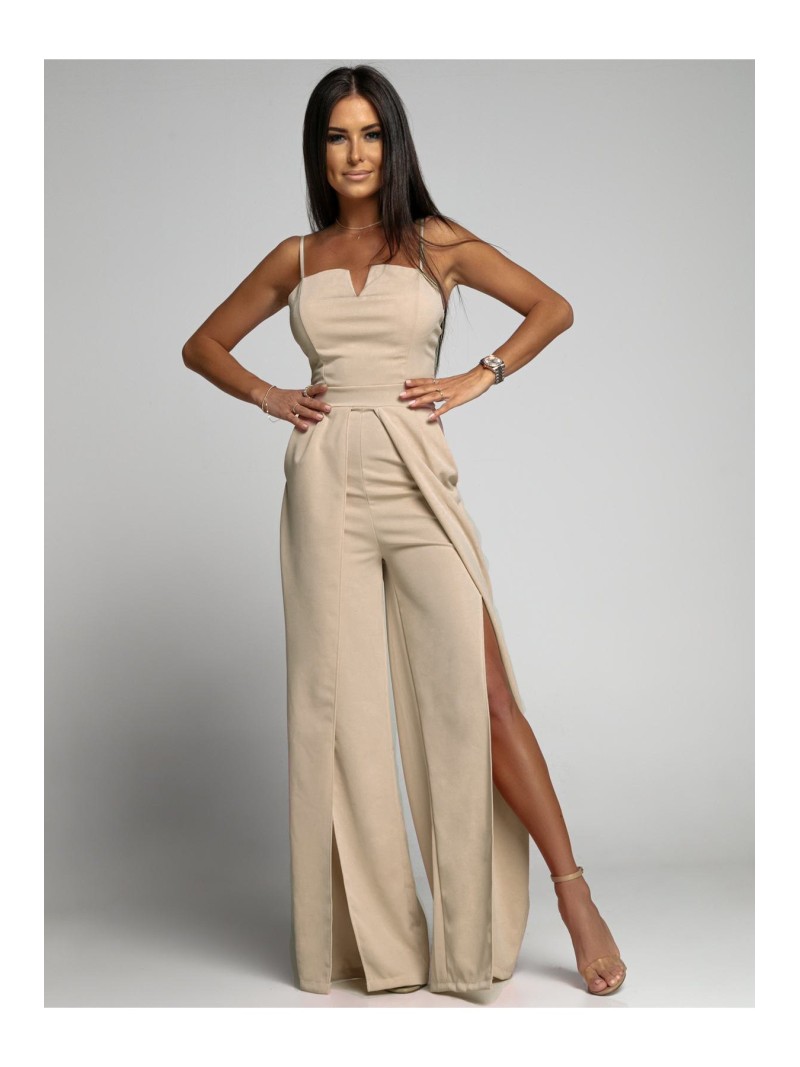 Elegant jumpsuit with straps and slits, beige AZRT035